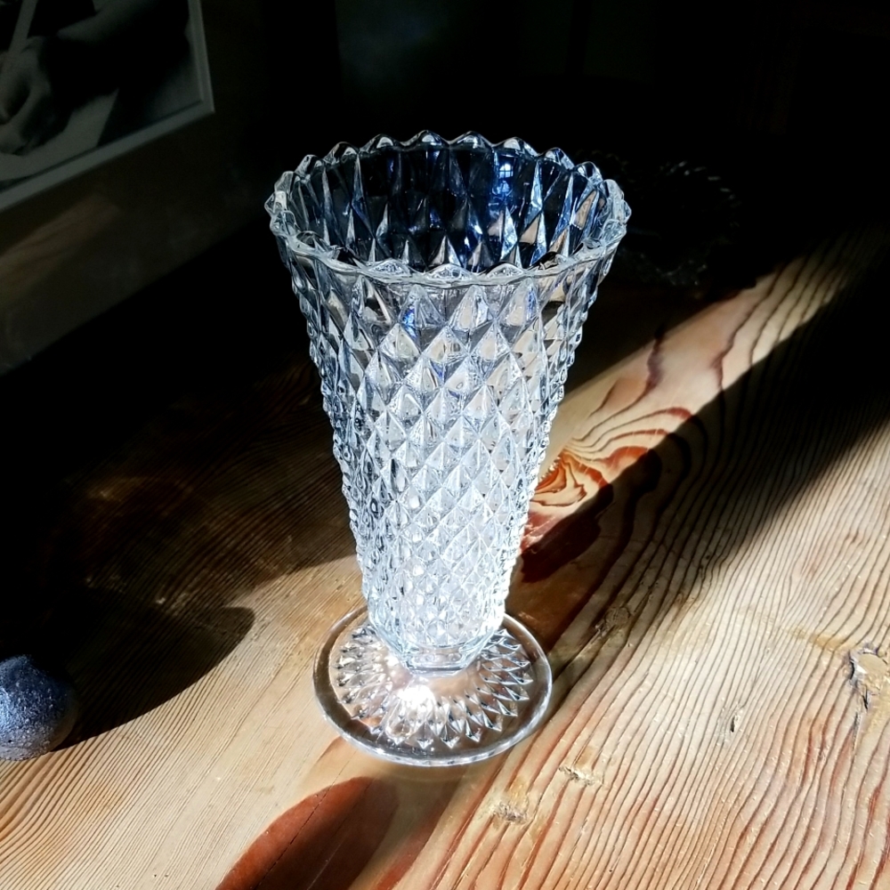 Vintage Pressed Glass Diamond Point Trumpet Vase